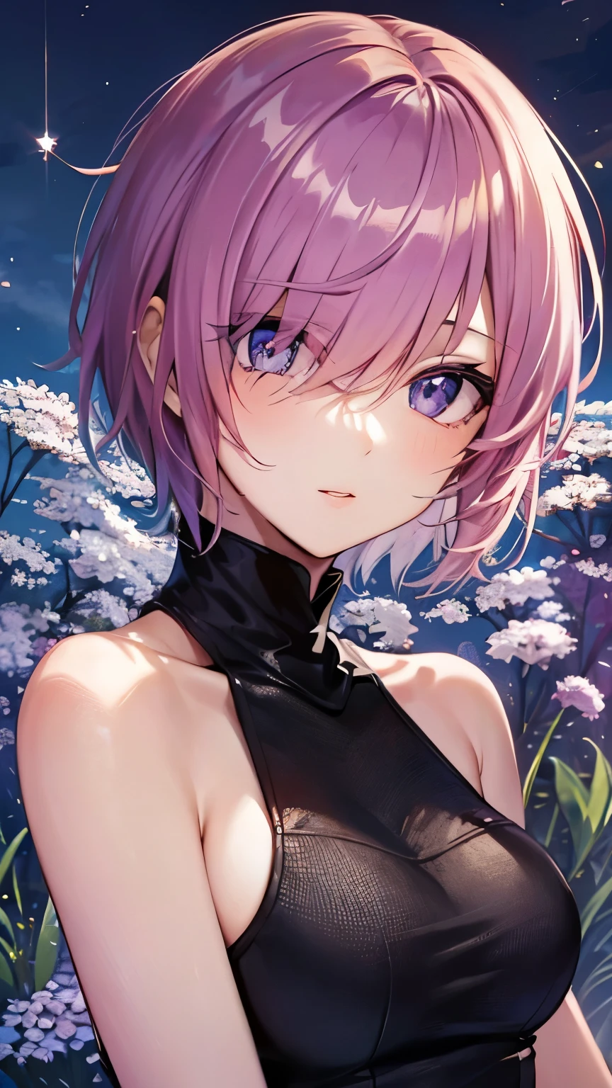 ((masterpiece)), (Top quality portraits), 1 Female, With dandelions, (Hair on one eye), Pink short haircut, Wearing a black turtleneck sleeveless T-shirt, Denim pants, In the dandelion field, Beautiful eyes in every detail, Gorgeous face with attention to detail, Perfect body, Dynamic pose, Perfect Shading, Intricate details, Pixiv, Krentz Kuschaert, (Hair on one eye), Brown Pixie Haircut,
