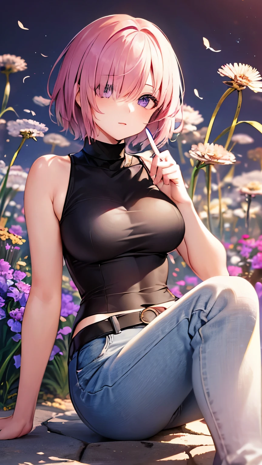 ((masterpiece)), (Top quality portraits), 1 Female, With dandelions, (Hair on one eye), Pink short haircut, Wearing a black turtleneck sleeveless T-shirt, Denim pants, In the dandelion field, Beautiful eyes in every detail, Gorgeous face with attention to detail, Perfect body, Dynamic pose, Perfect Shading, Intricate details, Pixiv, Krentz Kuschaert, (Hair on one eye), Brown Pixie Haircut,
