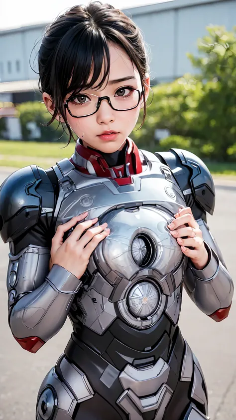 Highest quality　8k Iron Man Suit Girl　Kindergarten girl　Sweaty face　cute　short hair　boyish　Steam coming out of my head　My hair i...