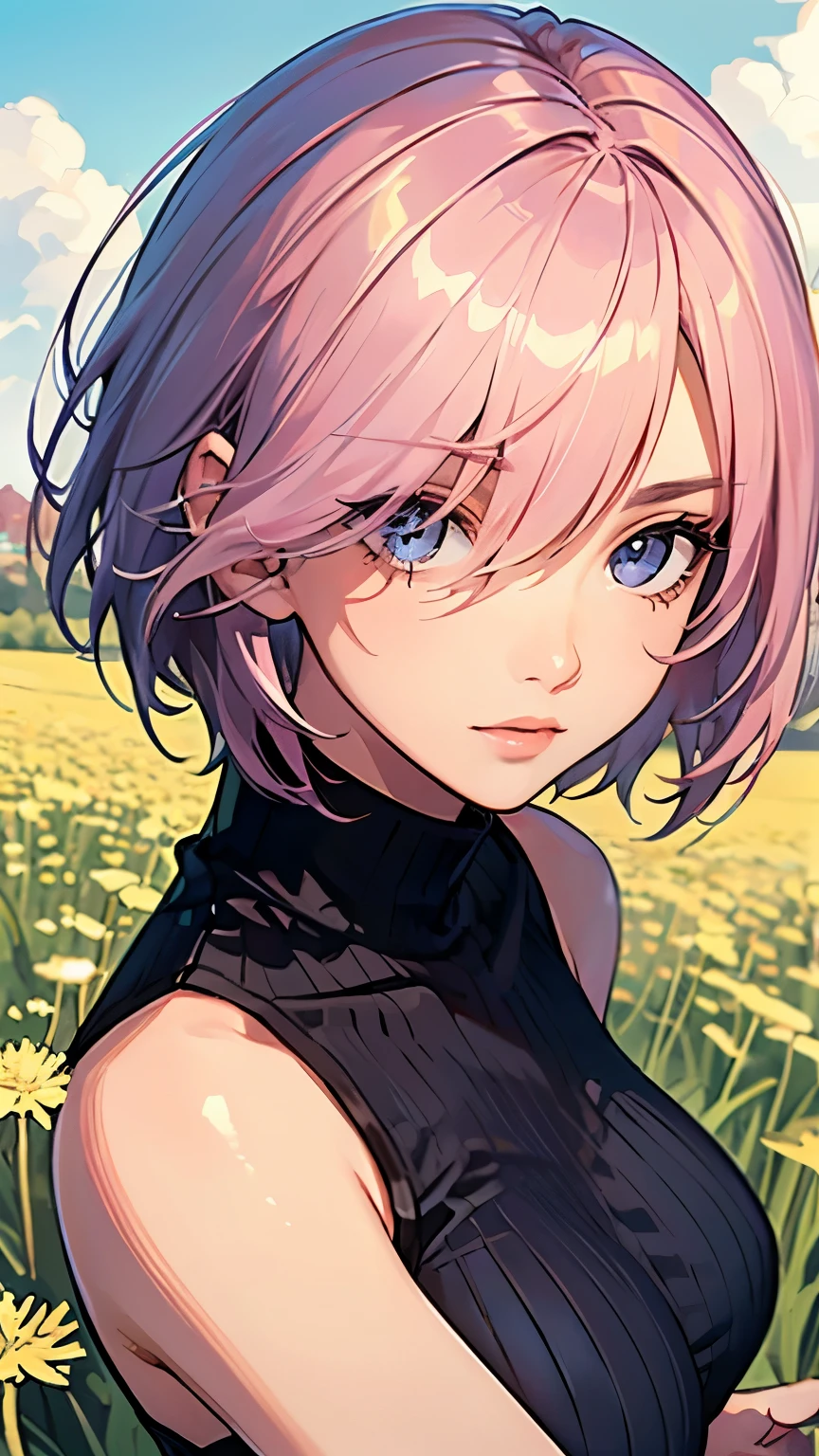 ((masterpiece)), (Top quality portraits), 1 Female, With dandelions, (Hair on one eye), Pink short haircut, Wearing a black turtleneck sleeveless T-shirt, Denim pants, In the dandelion field, Beautiful eyes in every detail, Gorgeous face with attention to detail, Perfect body, Dynamic pose, Perfect Shading, Intricate details, Pixiv, Krentz Kuschaert, (Hair on one eye), Brown Pixie Haircut,
