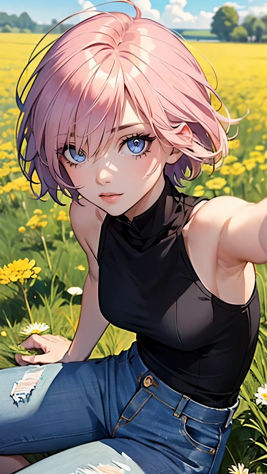 ((masterpiece)), (Top quality portraits), 1 Female, With dandelions, (Hair on one eye), Pink short haircut, Wearing a black turtleneck sleeveless T-shirt, Denim pants, In the dandelion field, Beautiful eyes in every detail, Gorgeous face with attention to detail, Perfect body, Dynamic pose, Perfect Shading, Intricate details, Pixiv, Krentz Kuschaert, (Hair on one eye), Brown Pixie Haircut,
