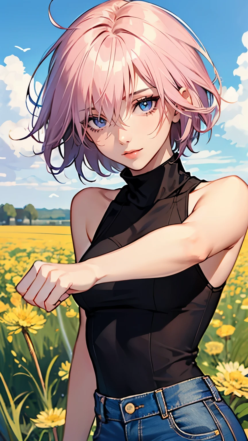 ((masterpiece)), (Top quality portraits), 1 Female, With dandelions, (Hair on one eye), Pink short haircut, Wearing a black turtleneck sleeveless T-shirt, Denim pants, In the dandelion field, Beautiful eyes in every detail, Gorgeous face with attention to detail, Perfect body, Dynamic pose, Perfect Shading, Intricate details, Pixiv, Krentz Kuschaert, (Hair on one eye), Brown Pixie Haircut,
