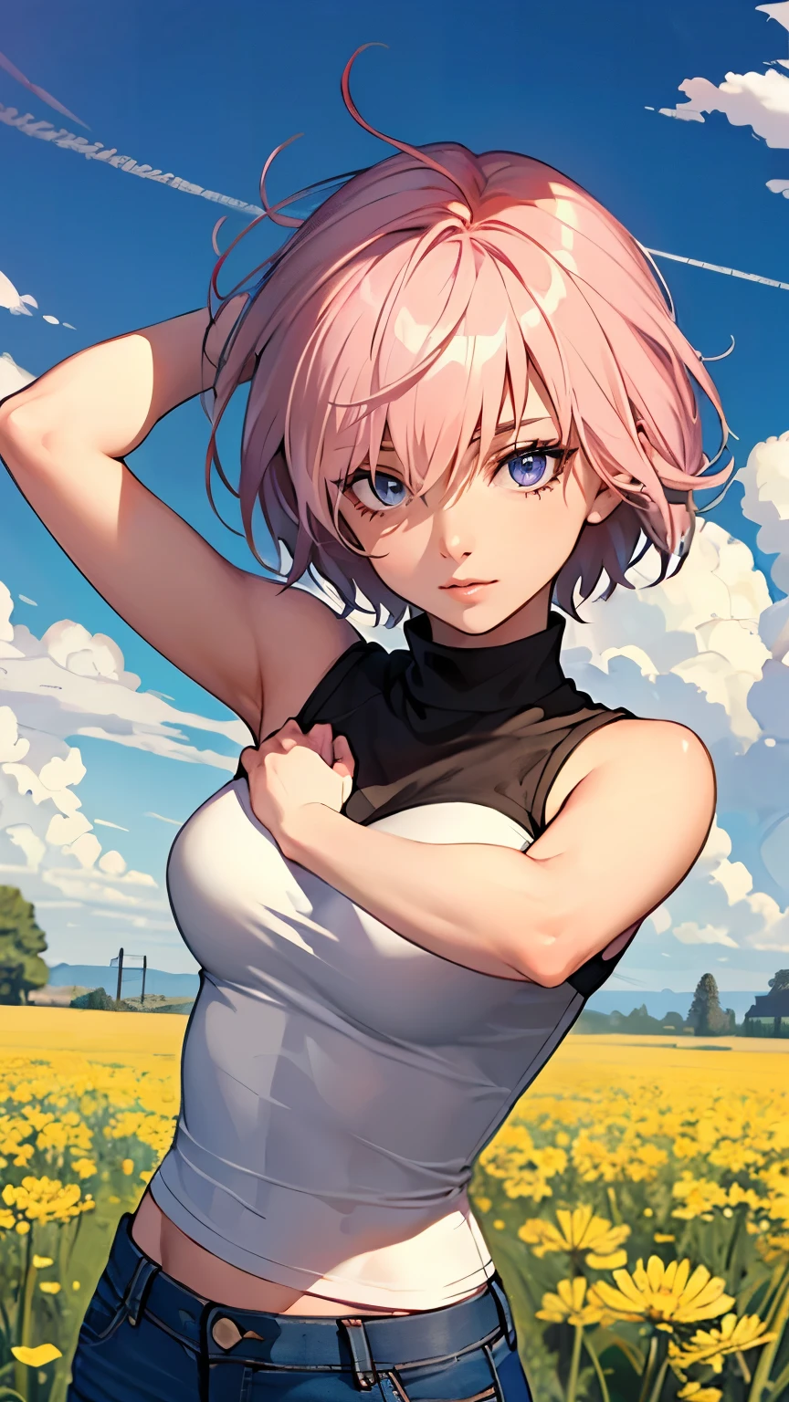 ((masterpiece)), (Top quality portraits), 1 Female, With dandelions, (Hair on one eye), Pink short haircut, Wearing a black turtleneck sleeveless T-shirt, Denim pants, In the dandelion field, Beautiful eyes in every detail, Gorgeous face with attention to detail, Perfect body, Dynamic pose, Perfect Shading, Intricate details, Pixiv, Krentz Kuschaert, (Hair on one eye), Brown Pixie Haircut,
