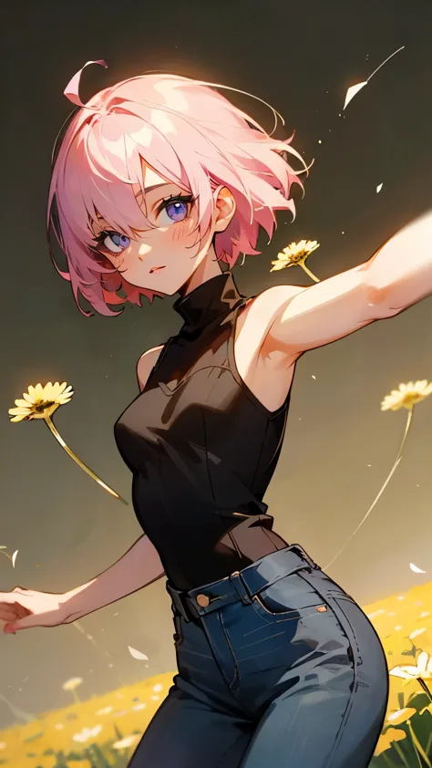 ((masterpiece)), (top quality portraits), 1 female, with dandelions, (hair on one eye), pink short haircut, wearing a black turt...