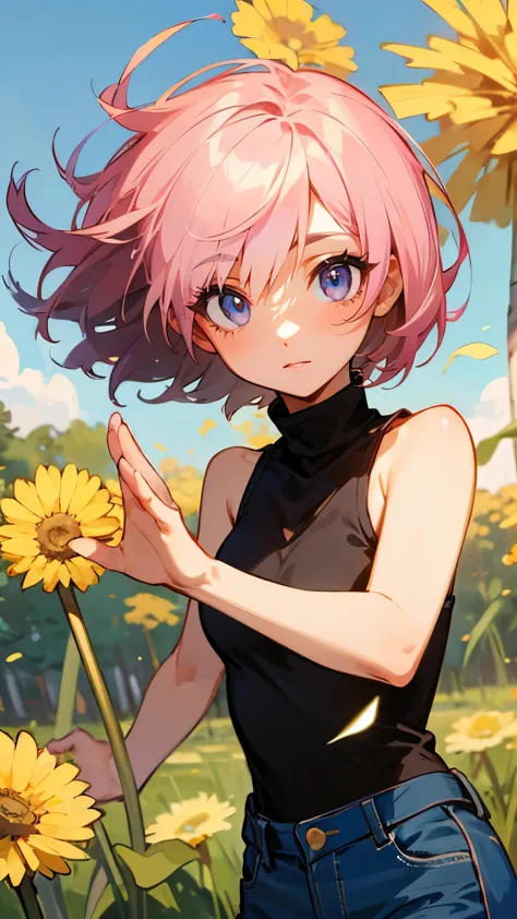 ((masterpiece)), (top quality portraits), 1 female, with dandelions, (hair on one eye), pink short haircut, wearing a black turt...