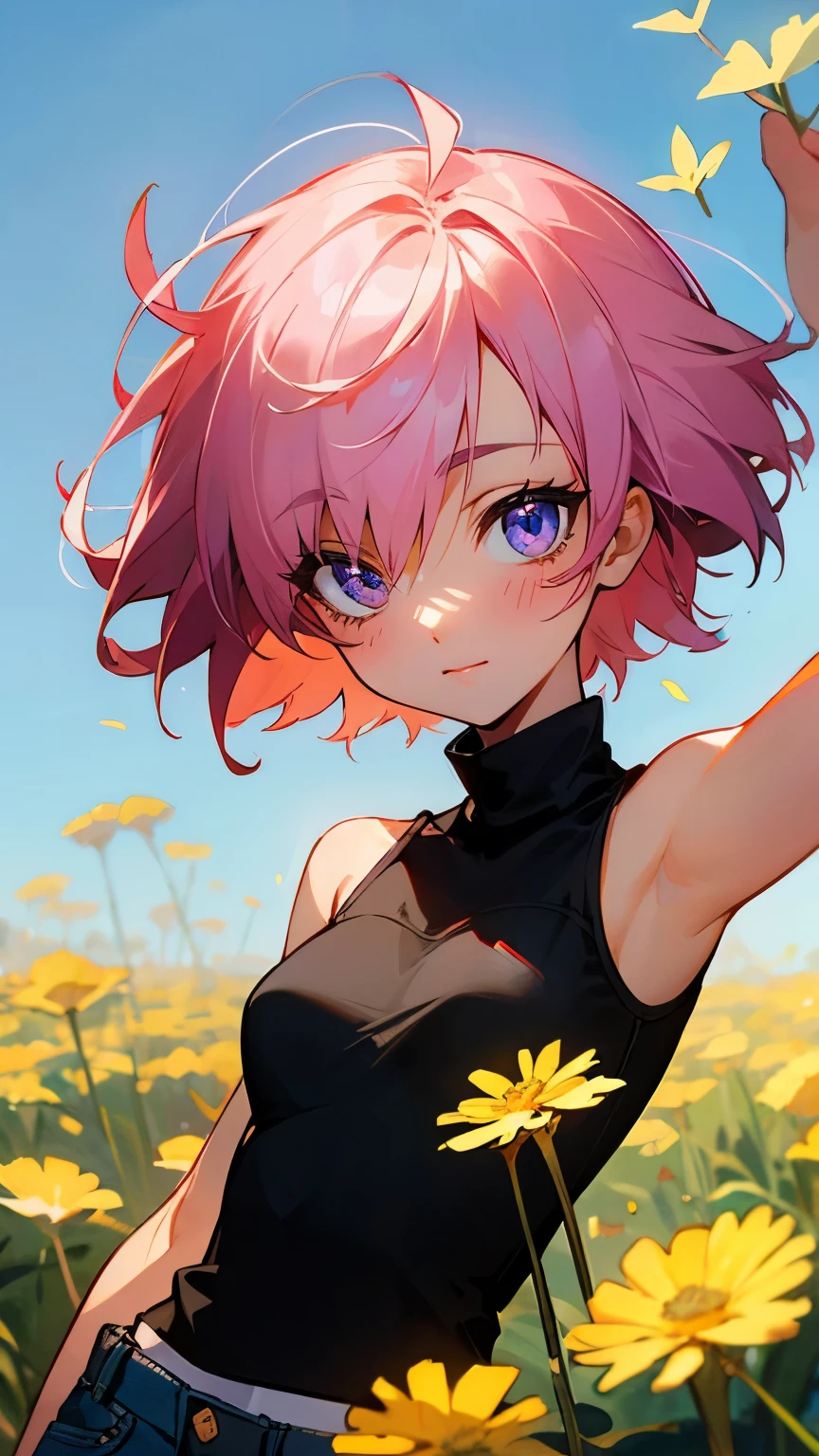 ((masterpiece)), (Top quality portraits), 1 Female, With dandelions, (Hair on one eye), Pink short haircut, Wearing a black turtleneck sleeveless T-shirt, Denim pants, In the dandelion field, Beautiful eyes in every detail, Gorgeous face with attention to detail, Perfect body, Dynamic pose, Perfect Shading, Intricate details, Pixiv, Krentz Kuschaert, (Hair on one eye), Brown Pixie Haircut,
