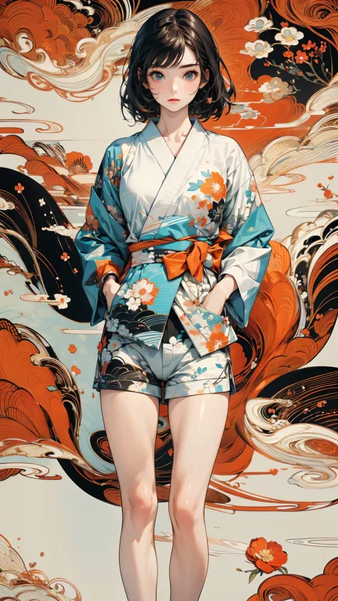 (masterpiece, High resolution, Highest quality), 20-year-old woman, Hands in pockets:1.3, Coordination of Japanese patterned haori and micro mini shorts:1.2, Petal Collage, abstract design, artistic juxtapositions, And handle background, warm color, mixed-media approach, Anime Style, Simple lines, Digital Painting, 