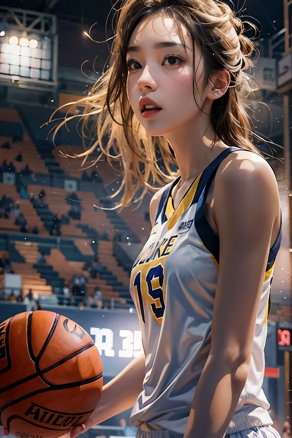 ((Female Basketball Player))、Young and beautiful girl、美しい顔のdetailedな描写、alone、Motion Blur、Dynamic Angle、stadium lighting、Blur the background、8Kdetailed、(detailed、masterpiece、Highest quality)、