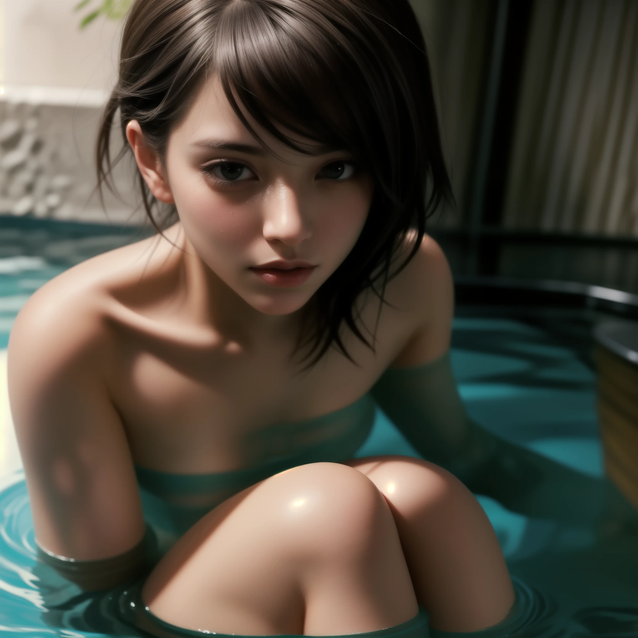 Realistic Photography, Beautiful Young Female ,Short hair ,river, extremely delicate and beautiful},Outstanding light and shadow, highly detailed wallpaper,Clear and bright sunlight, taking a selfie, naked portrait, nude photography, close up portrait of bathing in a lake, reeds, (backlighting), realistic, masterpiece, Soaked in water, Topless, Upper breasts, highest quality, lens flare, Shade, bloom, [[chromatic aberration]], by Jeremy Lipking, by Antonio J. Manzanedo, digital painting, (((Misako Renbutsu)))