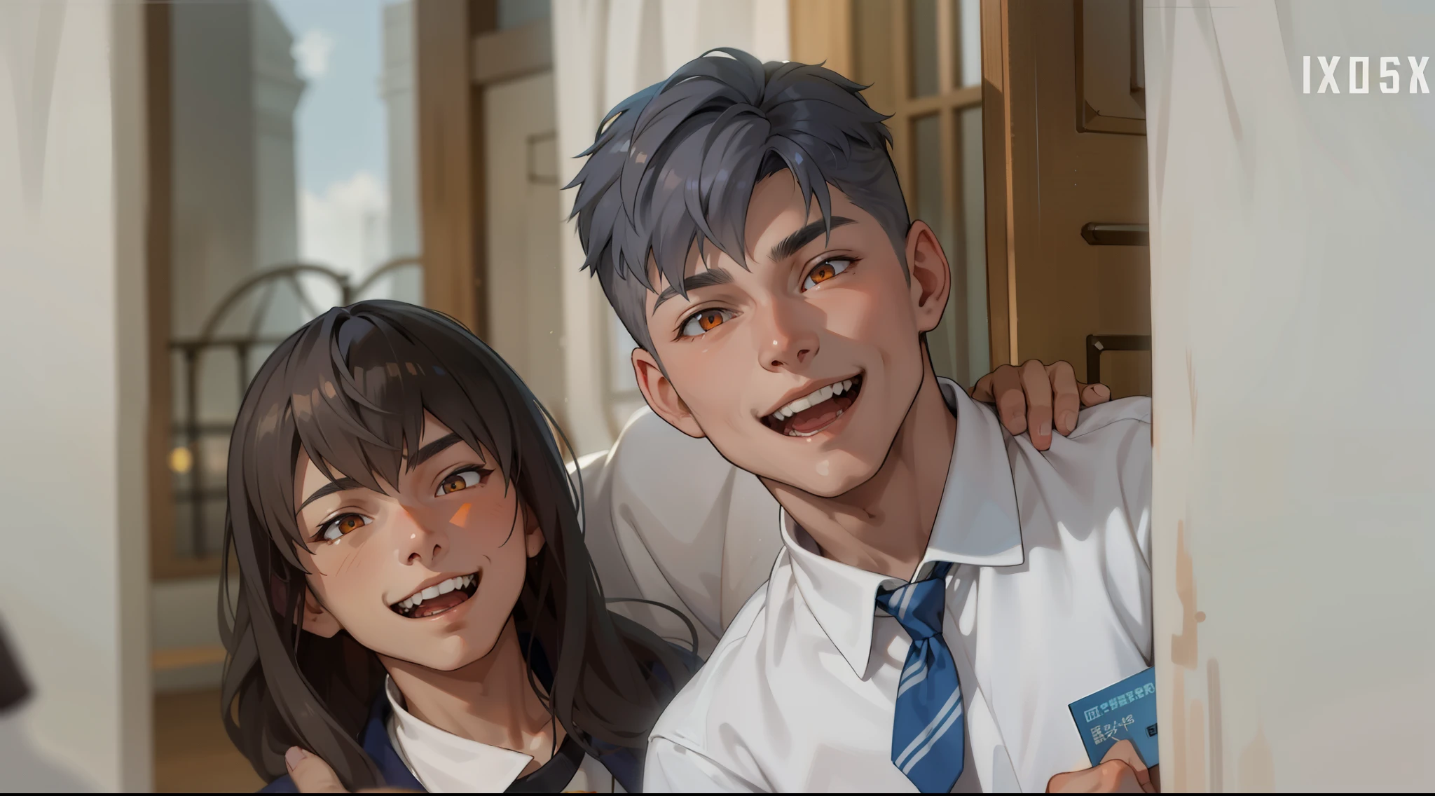  a boy and a 15 year old boy, gray hair orange eyes, They are smiling mischievously