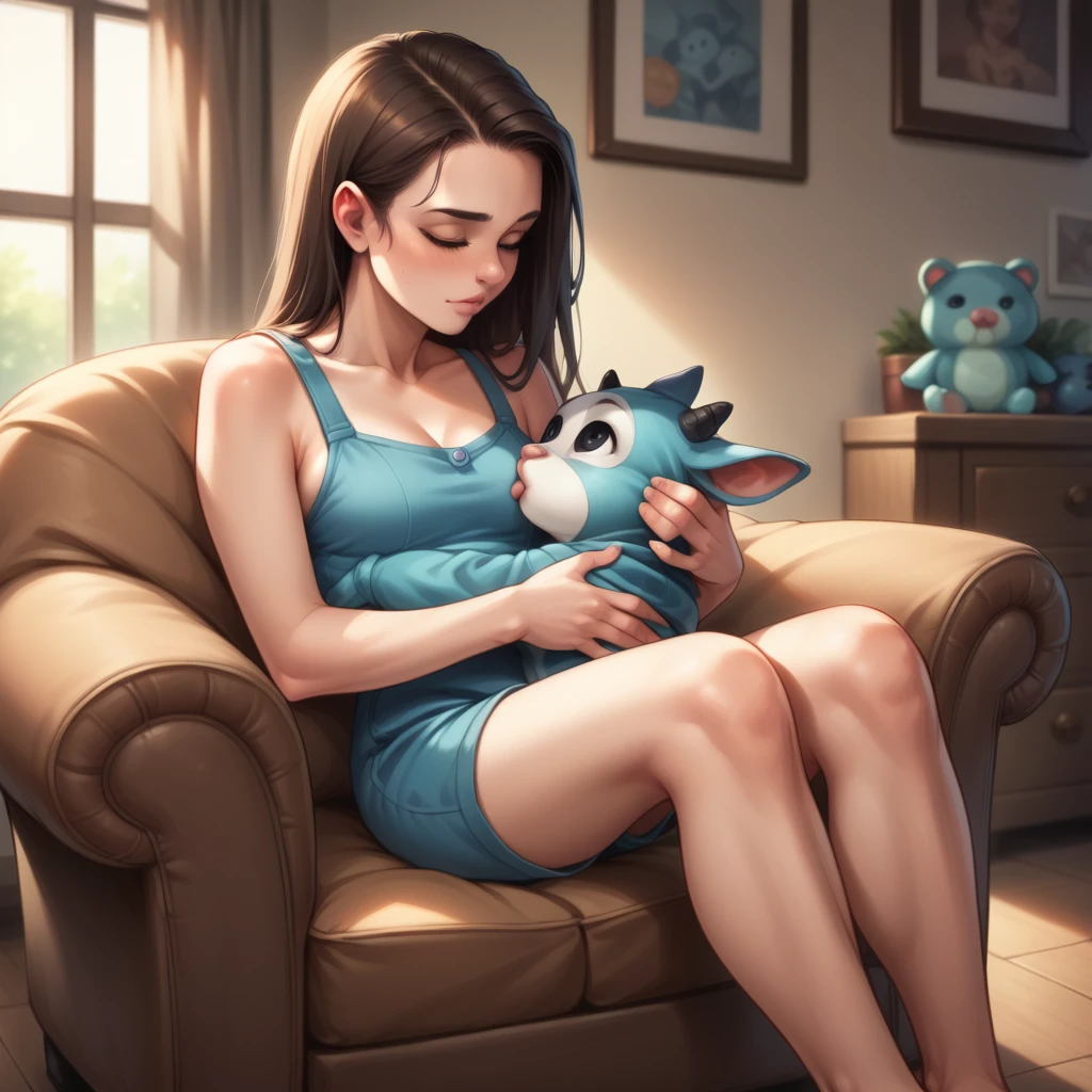 The woman in her 50s with brown long straight hair. The woman is breastfeeding her baby boy. The little boy is wearing a blue baby romper. In the baby room, the woman is sitting an armchair. Ultra realistic.