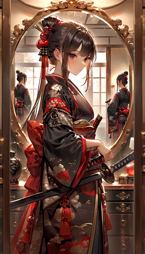 a samurai looking into a mirror in a luxurious room。she is pictured checking out her appearance in front of a mirror.、have a con...