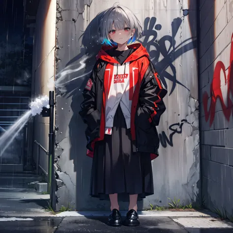 (((1 person　Gray Hair、short hair　Close ~ eyes　Black and red outfit、hoodie)))　(((High resolution　Getting wet in the rain　Black lo...