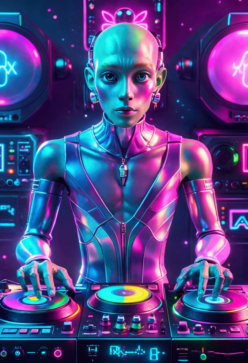 A scene depicting an unknown alien-blooded alien robot DJ spinning records in a typical cosmic nightclub. This alien robot DJ features smooth metallic components, glowing skin, an advanced holographic control panel for interacting with the crowd, and agile limbs to operate a variety of music equipment, such as turntables, mixers, and samplers. The scene is filled with typical interstellar club details, such as illuminated dance floor areas, signs written in alien script, and a range of cutting-edge sound equipment. Despite his alien robotic appearance, he still conveys excitement and commitment to the art of DJing, which are inherent qualities of a DJ. Realistic, 3D, C4D rendering, photography.
