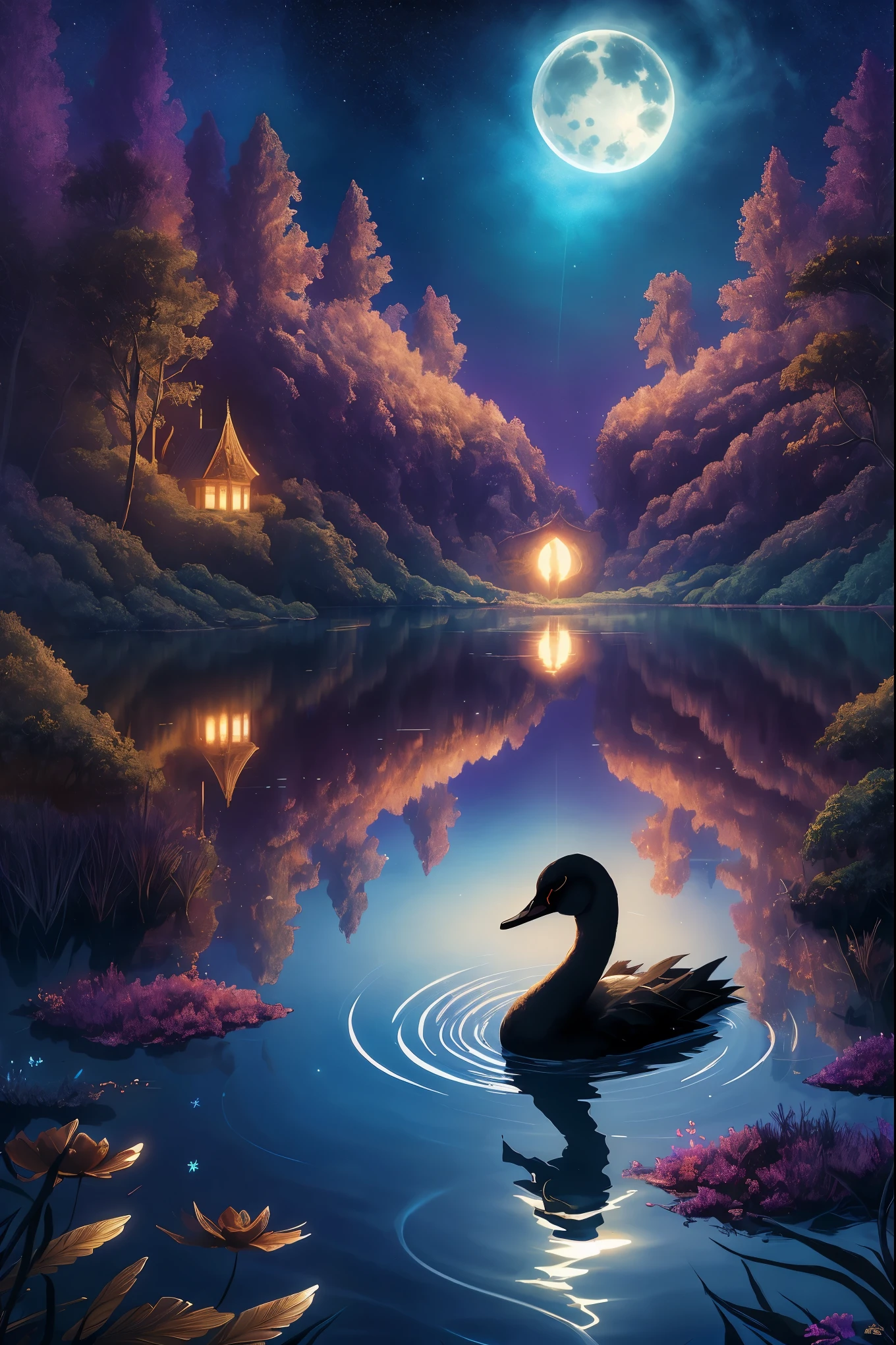  Cisne negro etéreo com padrões de asas prateadas e douradas, brilhando ao luar sobre um lago encantado na floresta, estrelas cintilantes refletidas na superfície da água, cena de fantasia mágica, estilo de arte digital 