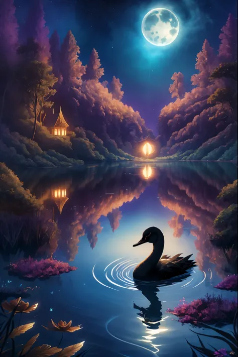  Ethereal black swan with silver and gold wing patterns, glowing in the moonlight over an enchanted forest lake, shimmering stars reflecting on water's surface, magical fantasy scene, digital art style 