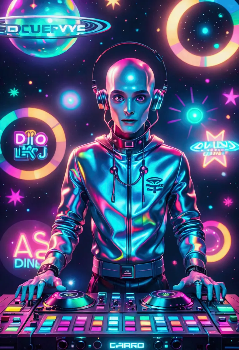 A scene depicting an unknown alien-blooded alien robot DJ spinning records in a typical cosmic nightclub. This alien robot DJ fe...