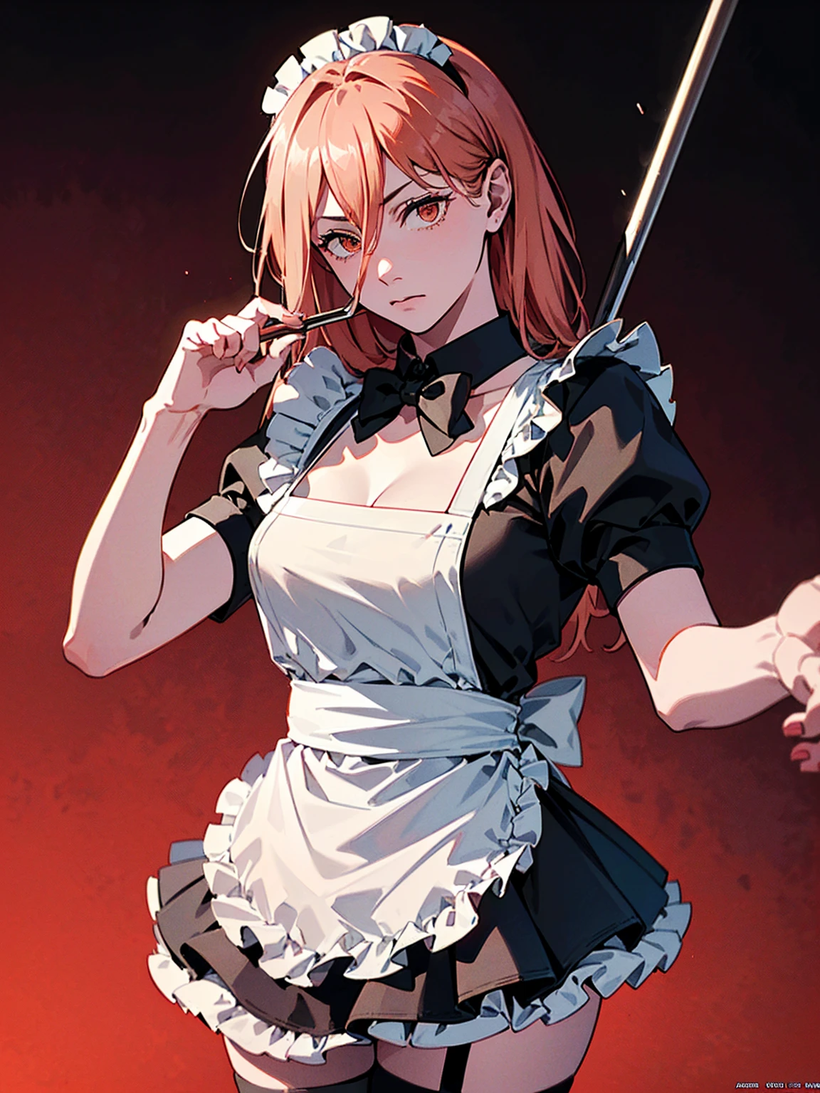 ((１woman)),(Maid outfit k:1.5、Thighhighswhite:1.5、Absolute area、apron、Holding a green-handled mop, Red Corner)), masterpiece，Red Corner, ((Red Corner)), full body, (masterpiece, Highest quality, 8k, 1 person, A perfectly balanced body, Official Art、Highest quality、 8k wallpaper、32K、masterpiece、Ultra-detailed、high resolution、Realistic、Photorealistic:1.2), , clavicle:1.2,
