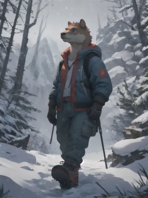 anthro humanoid male giant capybara, wearing jacket, pants, hiking boots, hiking gloves, hiking on snow mountain, looking up, sn...