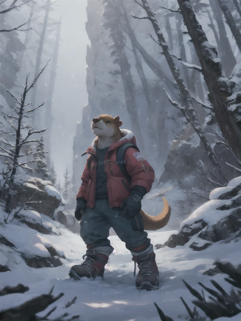 anthro humanoid male giant capybara, wearing jacket, pants, hiking boots, hiking gloves, hiking on snow mountain, looking up, snow storm, cute, attractive, highly detailed, intricate, sharp focus, beautiful, dramatic cinematic, ambient light, epic composition, elegant, very inspirational, stunning, creative, fine detail, color, shiny, glowing, rich deep, BREAK, the colossal capybara, the king of the jungle, dons a pair of hiking boots, hiking boots, and a pair of hiking gloves. The snow mountain is surrounded by lush greenery, and the air is filled with the sound of chirping birds and rustling leaves. The scene is alive with energy and mystery, capturing the essence of an epic landscape. A solitary panda, clad in a crisp suit, carries a snowpack in one hand and a pair of hiking boots in the other, while a snowstorm hangs low in the sky. The scene is a stunning, epic composition, with vibrant colors and intricate details that bring the jungle to life. The image is alive with energy and mystery, capturing the essence of an epic landscape.