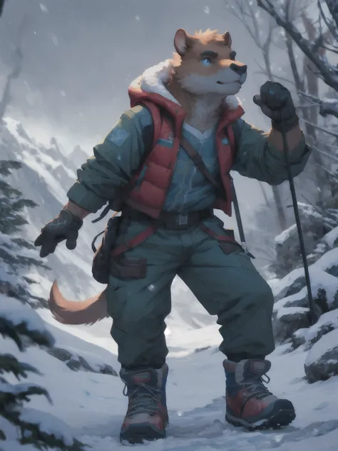 anthro humanoid male giant capybara, wearing jacket, pants, hiking boots, hiking gloves, hiking on snow mountain, looking up, sn...