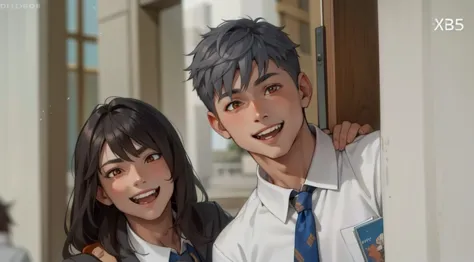  a boy and a 15 year old boy, gray hair orange eyes, They are smiling mischievously