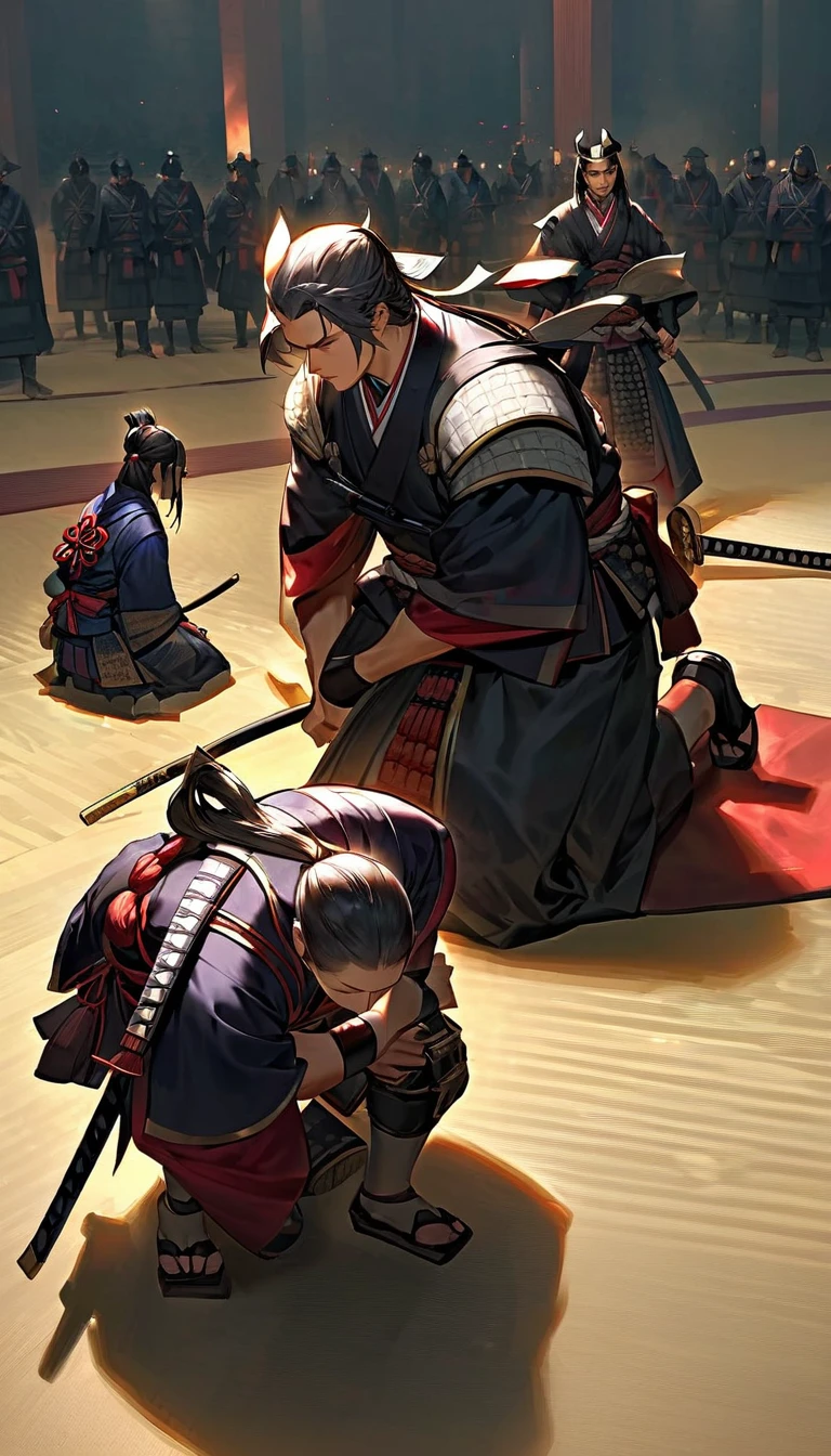 The disciples stood around、A scene in which a samurai arrogantly looks down on them。The samurai&#39;s posture and facial expression convey his arrogance.。」