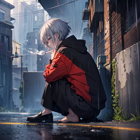 (((1 person　Gray Hair、short hair　Black and red outfit、hoodie)))　(((High resolution　Getting wet in the rain　Black long skirt　loaf...