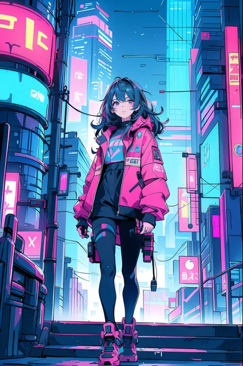 create a vibrant cyberpunk scene featuring a young woman with wavy hair, illuminated by the neon lights of a futuristic city. sh...