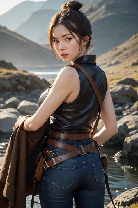 8k,a female adventurer from another world,so beautiful(like the real thing),adult woman in leather armor,((brown double hair bun...