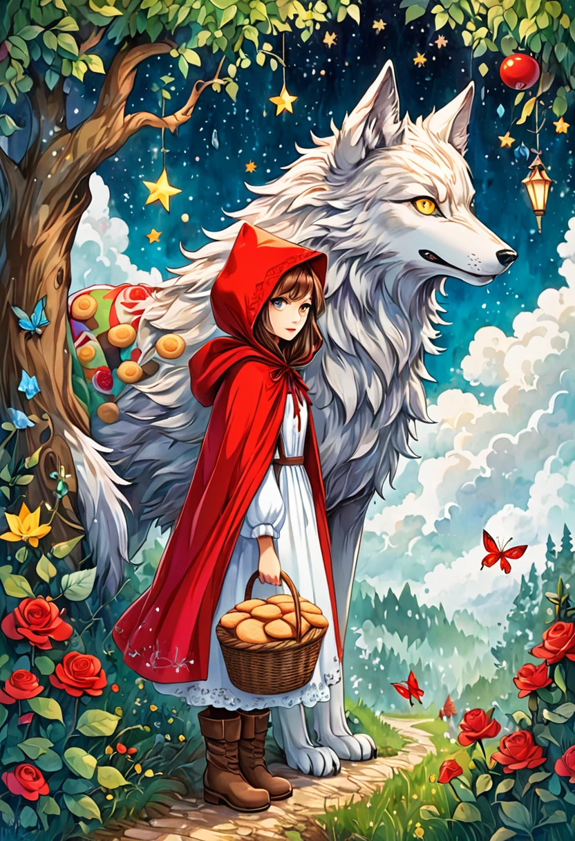 Create an imaginative illustration spanning from a traditional tale of Caperucita roja. Establece el escenario en un bosque con imponentes, árboles míticos que se extienden más allá de las nubes. Caperucita roja, una joven caucásica, lleva su distintiva capa roja con capucha, un vestido patchwork de colores vibrantes, y botas marrones resistentes, llevando una canasta llena de pasteles. A gigantic, lobo casi etéreo, con deslumbrantes ojos luminiscentes, se esconde detrás del denso follaje, mirándola con una mirada atenta. El ambiente general debe estar lleno de elementos de fantasía: piense en plantas brillantes., animales peculiares con atributos poco comunes, y un cielo salpicado de centelleos, estrellas de colores.