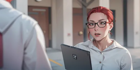 40-year-old female teacher with red hair is speaking distrustfully and a little annoying to someone