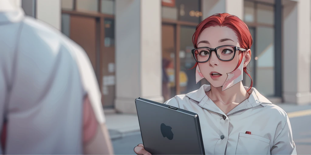 40-year-old female teacher with red hair is speaking distrustfully and a little annoying to someone