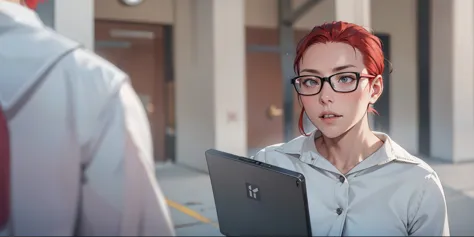 40-year-old female teacher with red hair is speaking distrustfully and a little annoying to someone