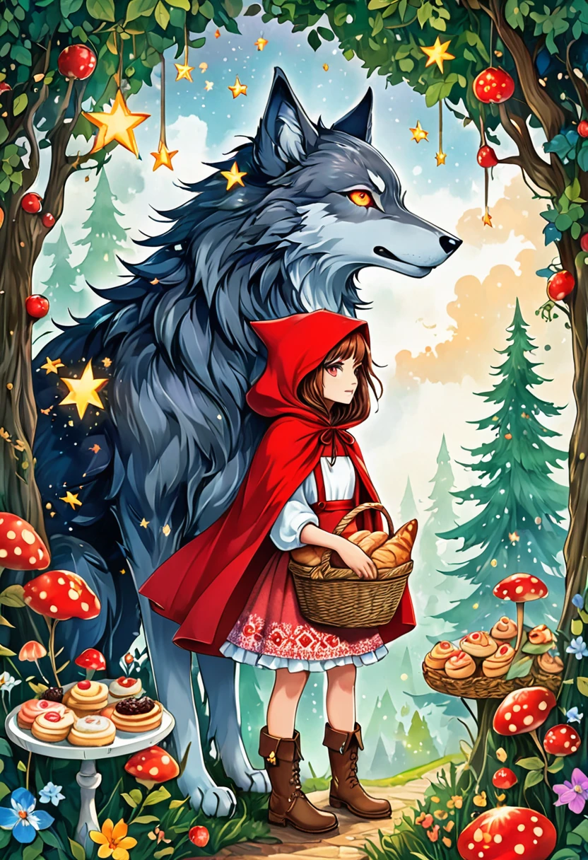 Create an imaginative illustration spanning from a traditional tale of Caperucita roja. Establece el escenario en un bosque con imponentes, árboles míticos que se extienden más allá de las nubes. Caperucita roja, una joven caucásica, lleva su distintiva capa roja con capucha, un vestido patchwork de colores vibrantes, y botas marrones resistentes, llevando una canasta llena de pasteles. A gigantic, lobo casi etéreo, con deslumbrantes ojos luminiscentes, se esconde detrás del denso follaje, mirándola con una mirada atenta. El ambiente general debe estar lleno de elementos de fantasía: piense en plantas brillantes., animales peculiares con atributos poco comunes, y un cielo salpicado de centelleos, estrellas de colores.