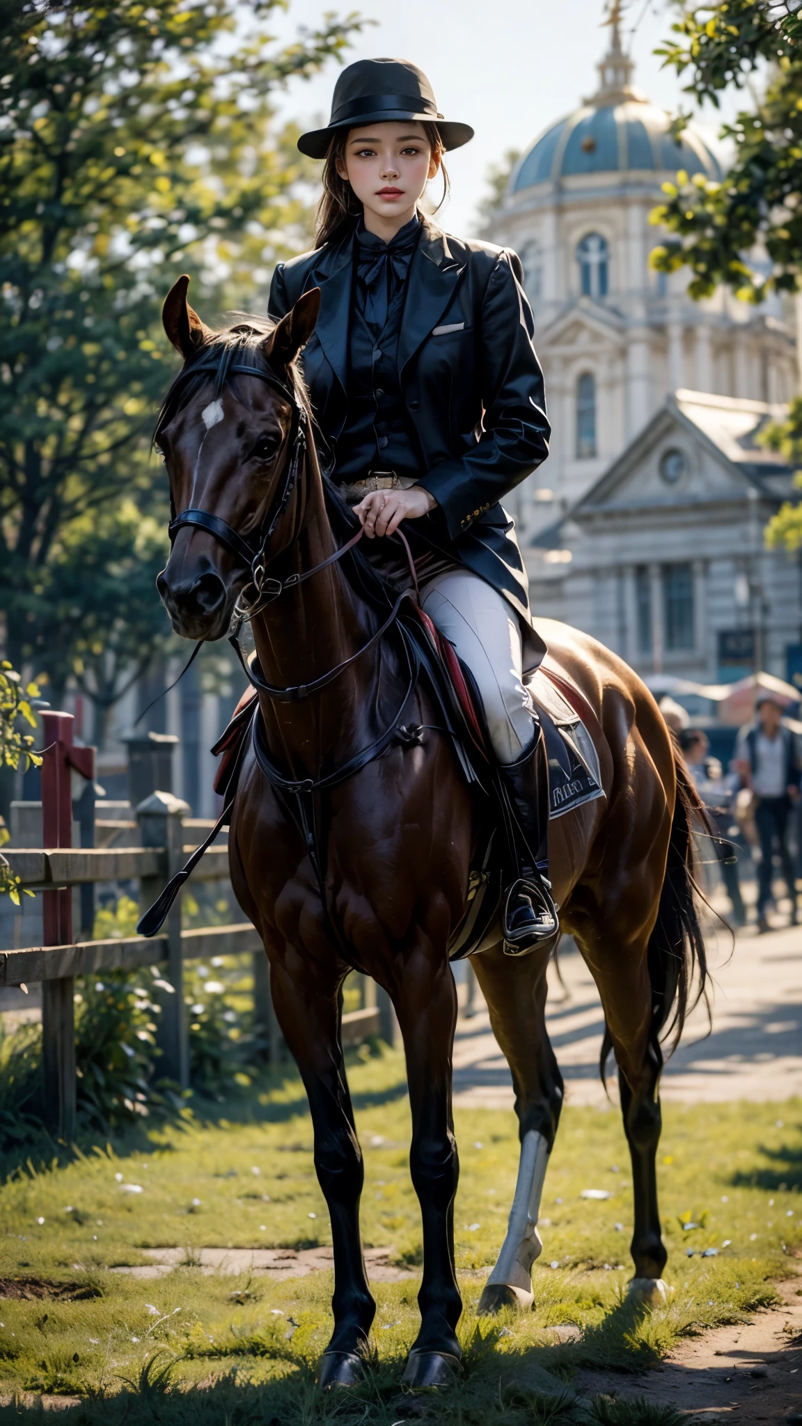 (8k, höchste Qualität, Meisterwerk)，{realistisch, RAW-Fotos, Superfein, klar, Porträtmalerei, (Beeinflusst von impressionistischen Gemälden:1.6)}, Pferdewettbewerbe, Jockeyin, Schwarzer Frack, Reithelm, Weiße Culotte, Lederstiefel