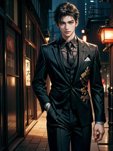 Japanese a young handsome man with dark hair wearing a black business suit,