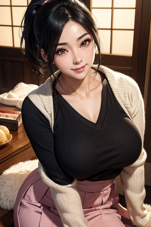 Beautiful Japanese woman 3 firm body breasts perfect detailed face blushing blushing cheek charming smile black hair ponytail woolen sweater v-neck long skirt 