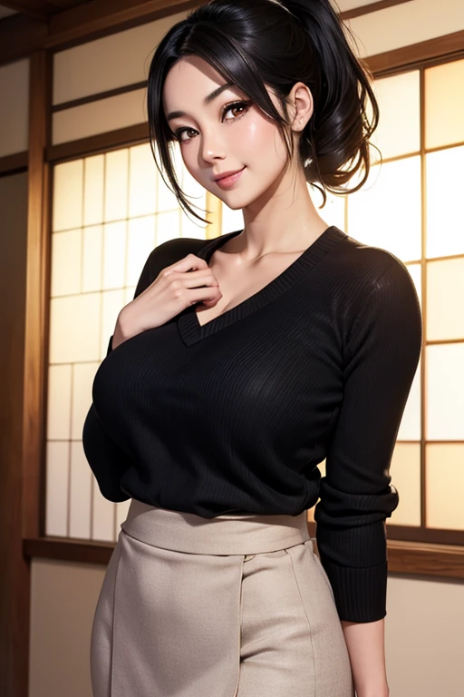 Beautiful Japanese woman 3 firm body breasts perfect detailed face blushing blushing cheek charming smile black hair ponytail woolen sweater v-neck long skirt 