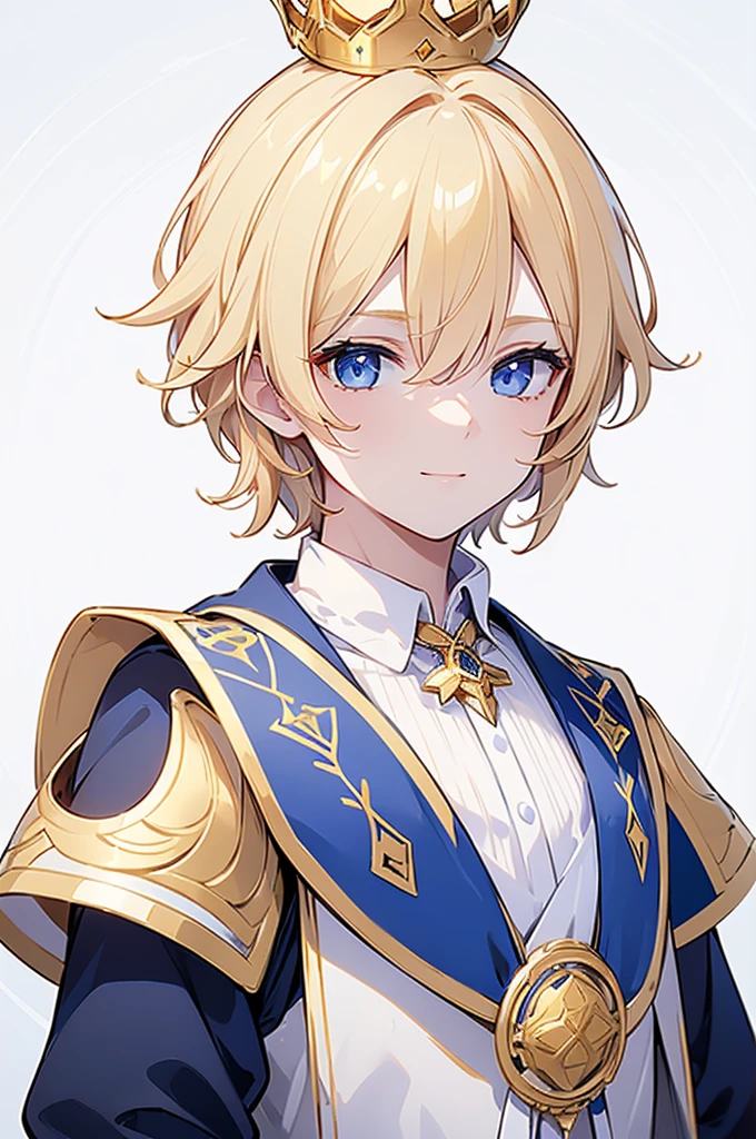 (Highest quality)　(4K)　(8k)　(High resolution)　(masterpiece:1.2)　(Super detailed)　One boy　short hair　Wizard　Blue Eyes　Long sleeve　Golden decoration　Hair between the eyes　White Dress　Wavy golden hair　Upper Body　(large crown)　(White Background)　(profile)　Face close-up　((Young))　smile　Activate magic　(Small body)