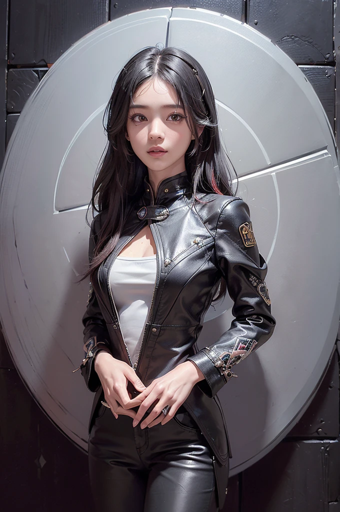 (((Highly detailed CG unit 8K wallpaper:1.2, masterpiece, High resolution:1.2, Highest quality:1.2, Tabletop))), ((Very beautiful woman, Put your hands in your pockets:1.8, Grunge Fashion:1.2, wear a blouson:1.2, Wearing black leather pants, Putting on your shoes)), ((Highly detailed face, Highly detailed black eyes, Highly detailed body, Highest qualityのリアルテクスチャスキン)), (Black-haired, Hair length, White skin, small), ((colorful geometric pattern wall, Colorful wall)), (High Angle, Fisheye Lens:1.3), Surreal, Digital Painting,