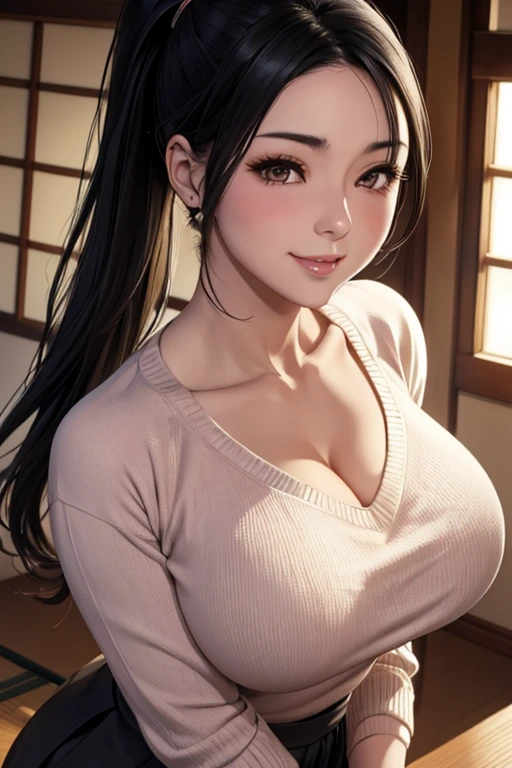 Beautiful Japanese woman 3 firm body breasts perfect detailed face tender blushing blushing cheek charming smile black hair ponytail woolen sweater v-neck long skirt 