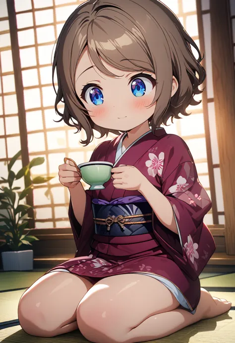 a girl, seiza, looking ahead, big eyes, chibi, kimono, bigger face, cute, anime, cell anime, 2d anime, chibi, chibi anime, soft ...