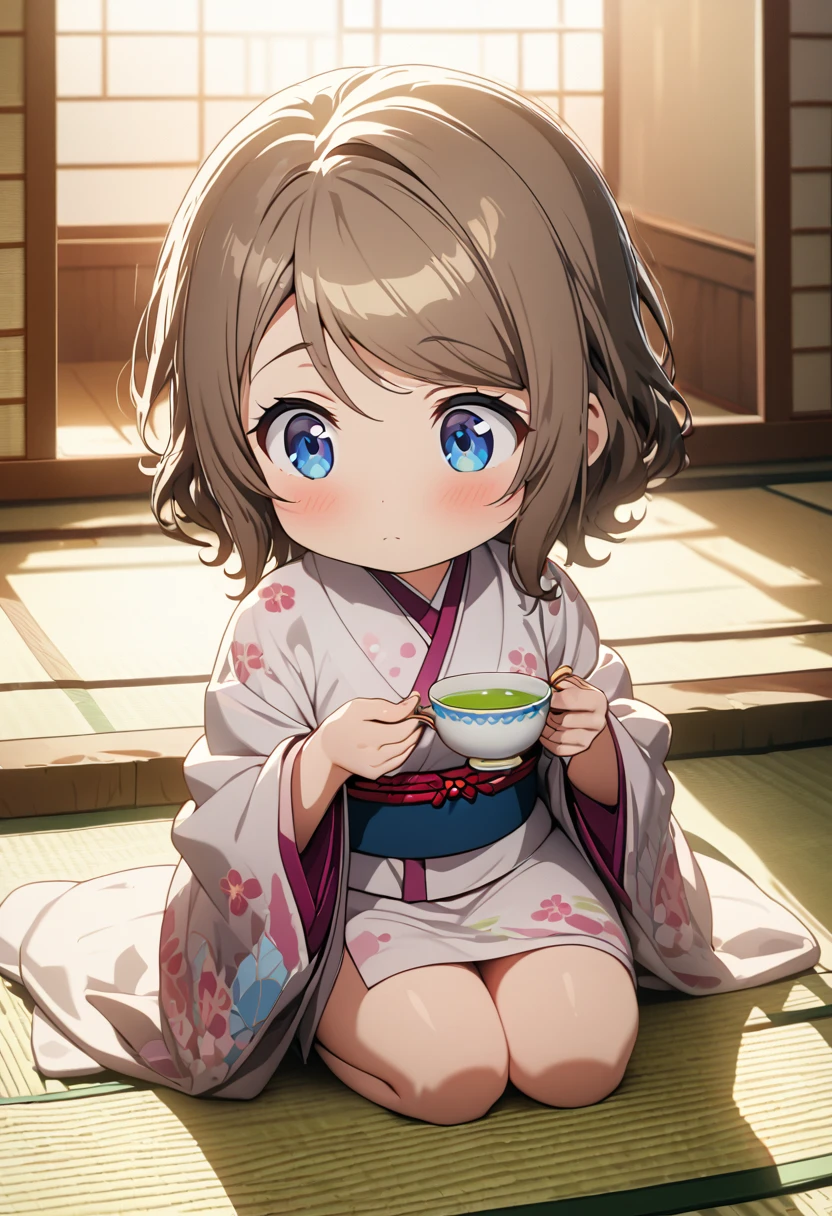 a girl, seiza, looking ahead, big eyes, chibi, kimono, bigger face, cute, anime, cell anime, 2d anime, chibi, chibi anime, soft surface, soft lighting, masterpiece, best quality, hyper detailed, exquisite, beautiful, Full-HD, 8K, absurdres, tatami, japanese-style room, warm face, hold a teacup with both hands, green tea, ,you watanabe, blue eyes, brown hair, short hair, swept bangs,