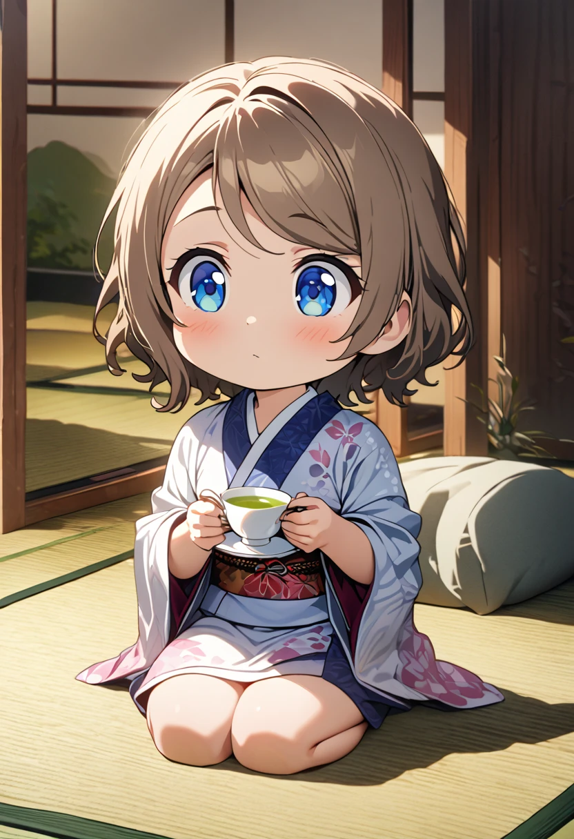 a girl, seiza, looking ahead, big eyes, chibi, kimono, bigger face, cute, anime, cell anime, 2d anime, chibi, chibi anime, soft surface, soft lighting, masterpiece, best quality, hyper detailed, exquisite, beautiful, Full-HD, 8K, absurdres, tatami, japanese-style room, warm face, hold a teacup with both hands, green tea, ,you watanabe, blue eyes, brown hair, short hair, swept bangs,