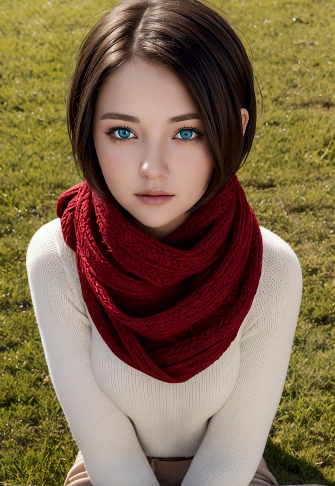 a young woman with short hair wearing a red scarf. slightly blue eyes. angelic face. the background is a ground with green grass.