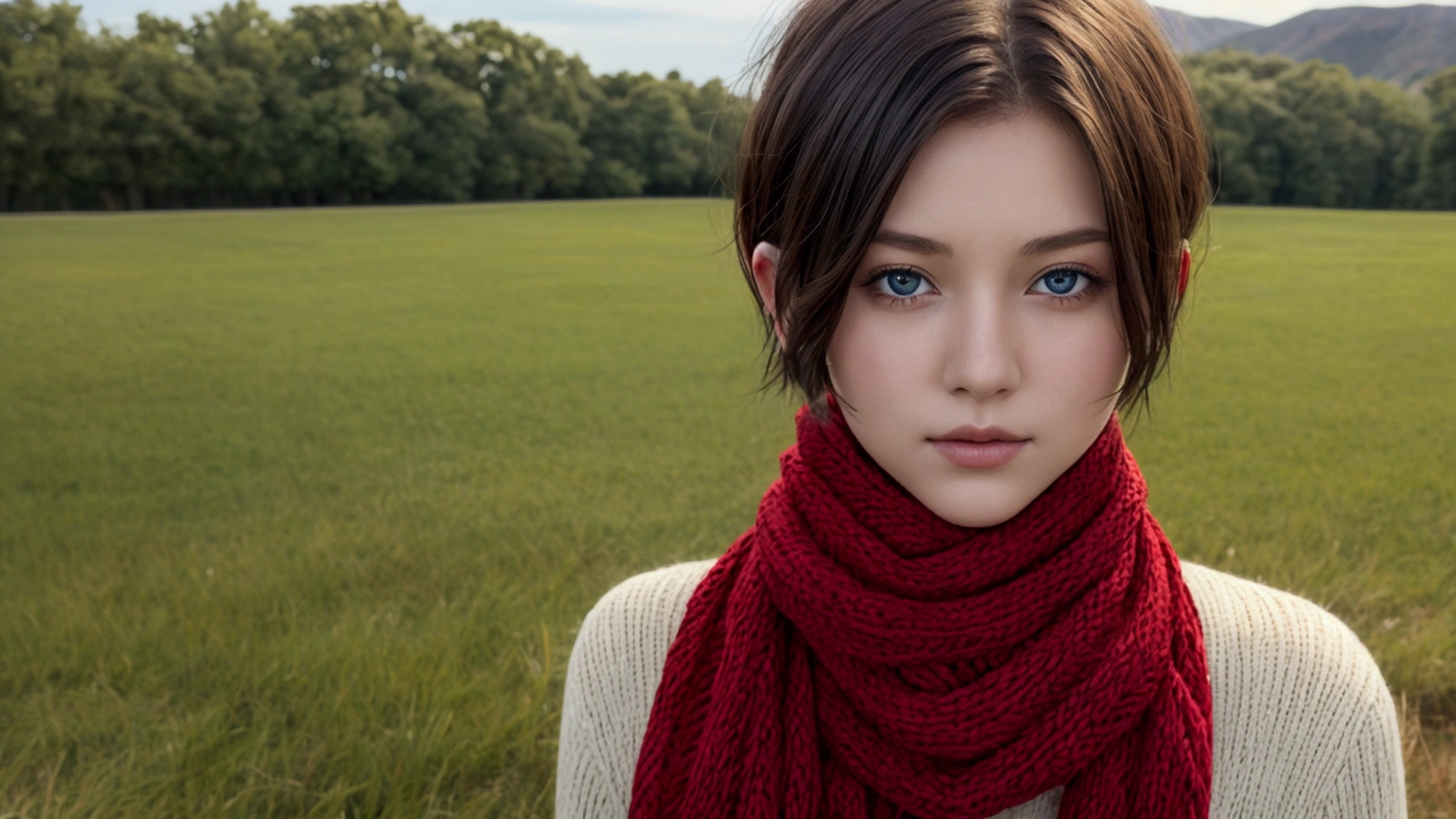 a young woman with short hair wearing a red scarf. slightly blue eyes. angelic face. the background is a ground with green grass.