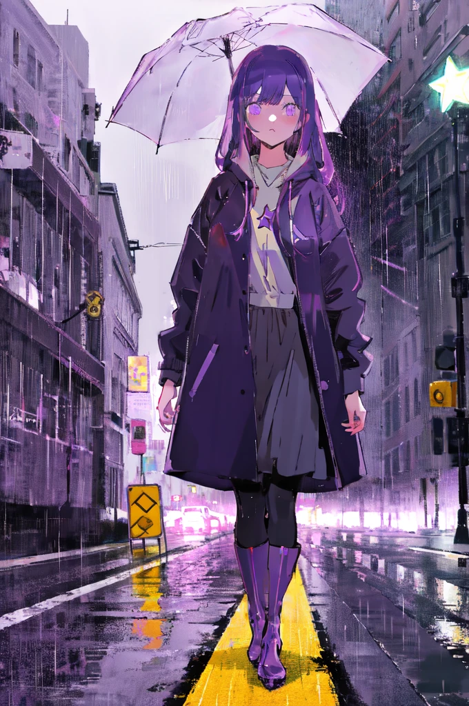 1girl, solo, raincoat, walking in the rain, flat color, rainboots, bag, transparent hood up, long sleeves, purple hair, star-shaped pupil, purple eyes, long hair, bangs, looking at viewer, holding umbrella, limited palette, yellow footwear, road sign,