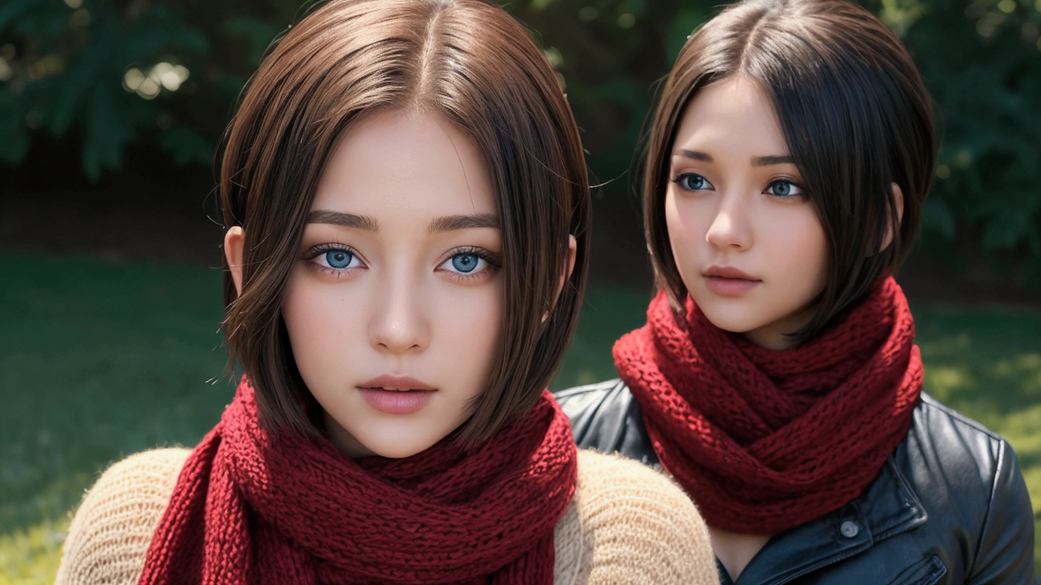 a young woman face with short hair wearing a red scarf. slightly blue eyes. angelic face. the background is a ground with green grass.