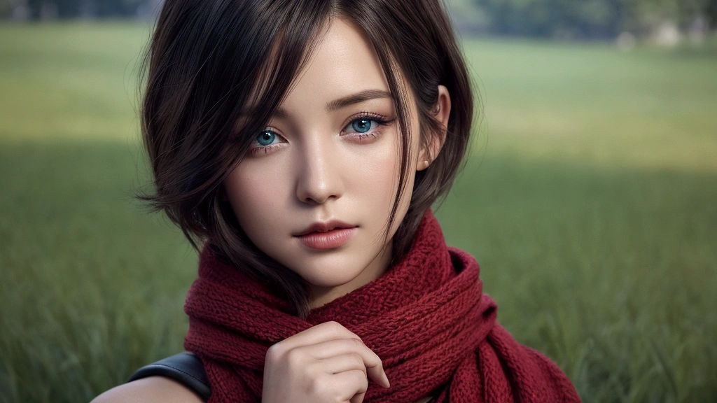 a young woman face with short hair wearing a red scarf. slightly blue eyes. angelic face. the background is a ground with green grass.